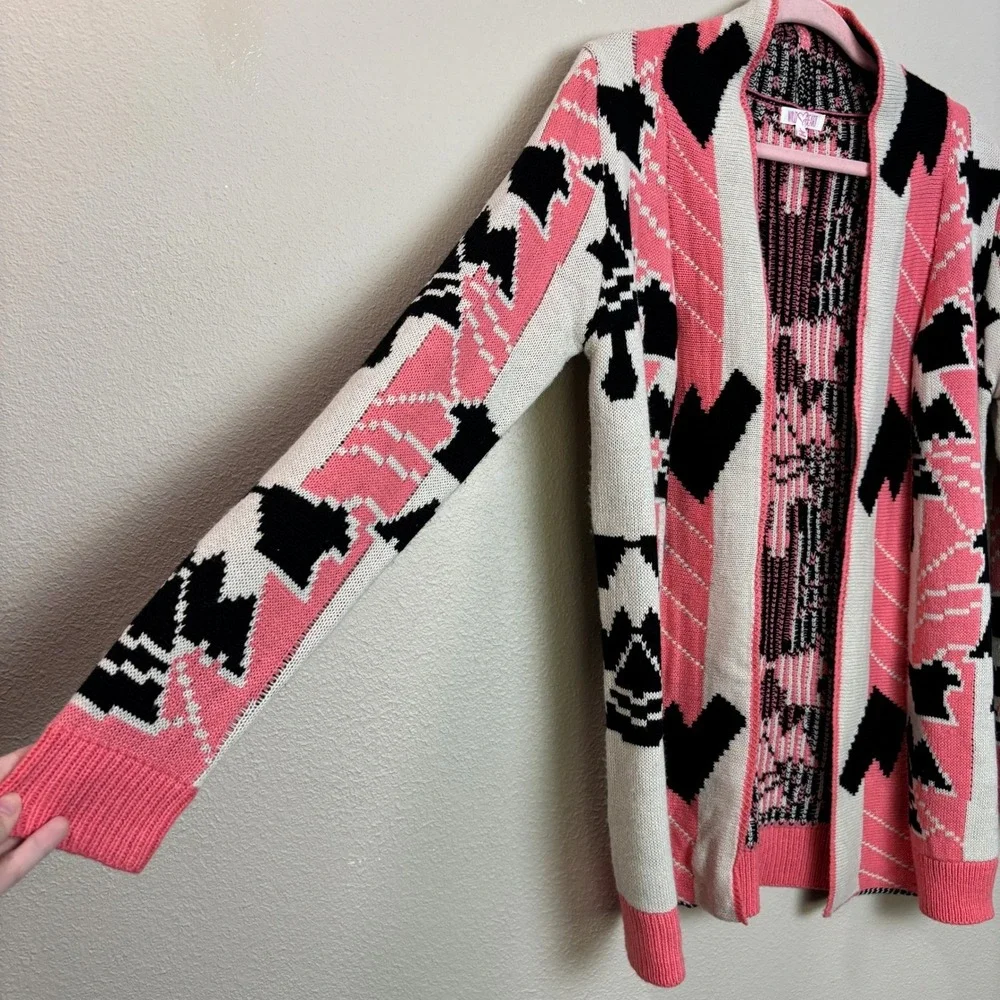 Wild Heart Womens Cardigan Sweater‎ Open Front Pink Black White Aztec Large